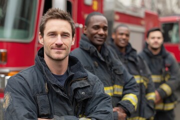 Fototapeta premium Volunteer Firefighters. Successful and Happy Crew of Firefighters, Multicultural Team Looking at Camera