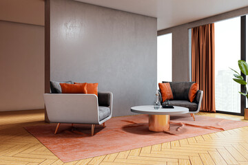 Modern waiting area with grey walls, orange curtains, armchairs, and round table in corporate office interior with wooden parquet floor daylight view. 3D Rendering