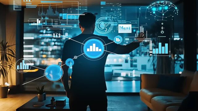 Person interacting with digital data visualizations in a modern living room overlooking a cityscape - Powered by Adobe