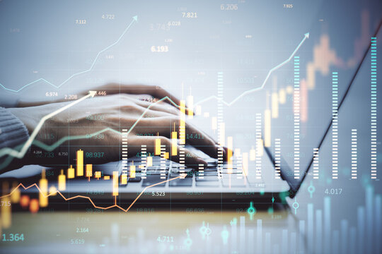 Hands typing on laptop with financial index chart overlay on light background, symbolizing digital market analysis and forex trading growth.