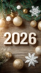 Elegant Celebration with Wooden 2026, Golden Baubles, and Glitter Decor for a Joyful Holiday Season