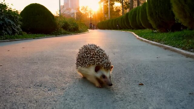Hedgehog crossing park path at sunset