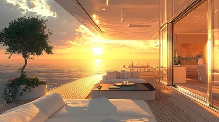 Luxurious yacht deck with outdoor seating, ocean sunset view, and an open kitchen leading to a living room. \