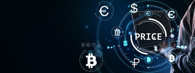 Digital currency price interface with glowing financial symbols and a person using a laptop on a dark futuristic background concept design.