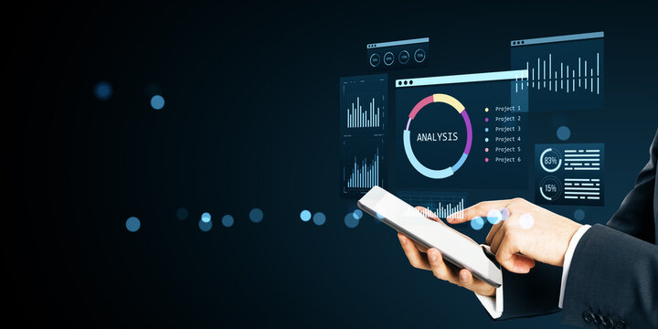Businessman using smartphone with digital financial analysis dashboard and data charts on virtual screen in futuristic interface concept.