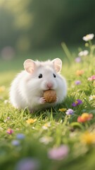 White - furred Hamster Carrying Walnut on Grass, Blossom Nature Background, Cute Healing Mobile Wallpaper