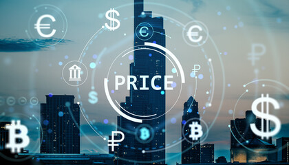 Digital currency symbols with price interface overlay on modern cityscape background at dusk, showing abstract fintech and forex network concept.