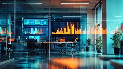 Modern office interior showcasing data analytics on screens with vibrant graphs and plants - Powered by Adobe