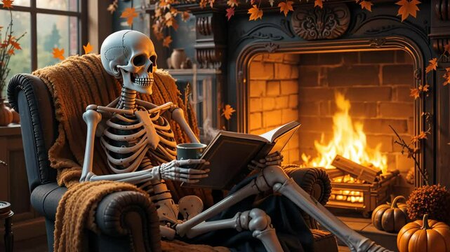 Skeleton sitting in cozy chair reading book near burning fireplace with autumn leaves on wooden wall background, warm orange glow. Concept of gothic humor and surreal contrast