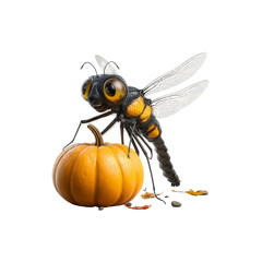 Adorable Cartoon Dragonfly with a Pumpkin - Autumn Harvest Illustration