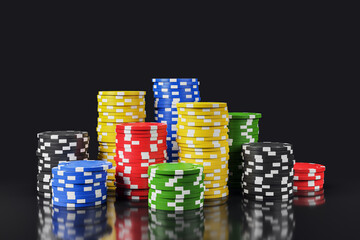 Colorful casino poker chips stacked in heaps on glossy surface with dark background for gambling, jackpot, or online gaming concept banner. 3D Rendering