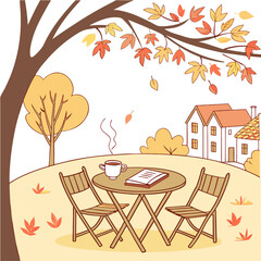 Obraz premium Cozy autumn scene with a table and chairs set for two under a tree with falling leaves overlooking charming houses and trees in warm seasonal colors