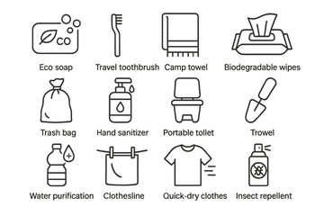 Essential eco-friendly camping gear icons for sustainable outdoor adventures