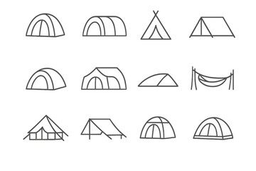 Various tent icons on dark background: outdoors camping gear collection