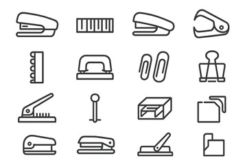 Set of various office supplies icons on dark background