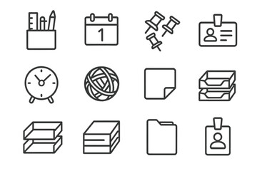 Office icons set: calendar, clock, pushpins, id badge, stationery, folders