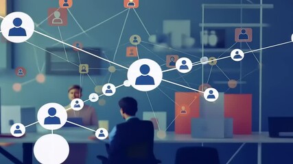 Digital network visualization with people icons connecting in a modern office environment - Powered by Adobe
