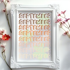 September the lettering with a white wooden picture frame letter “September “in the center floral background, picture frame home decor white wooden frame with September the letter wall art, 