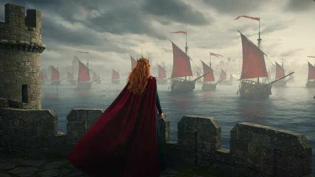 Woman in red cape gazes at ships on misty sea