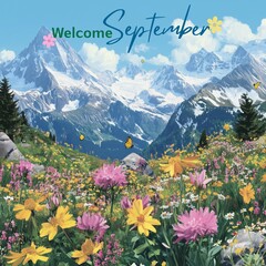 Welcome September lettering with snow mountain wildflowers landscape with “ Welcome September “  mountain wildflowers with snowy peaks, mountain wildflowers in bloom showcasing mountain snowy peaks