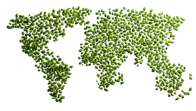 World map formed from many small green leaves