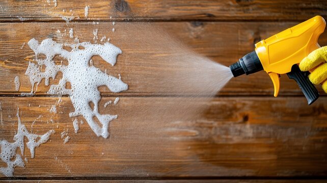 Gloved hand spraying sanitizing solution, disinfecting surface protection with thorough cleaning technique for optimal hygiene wooden
