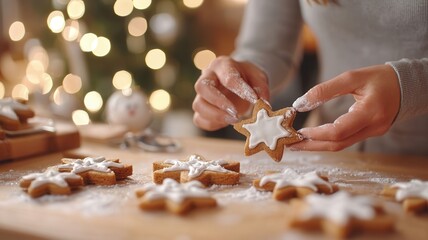 piping baker holiday white royal icing onto star shaped Female cookies, wooden surface with soft festive background lighting