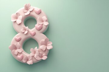 Flowery number eight is surrounded by pink flowers and hearts. Pink number eight with flowers and hearts on pastel green background, 3D Rendering.