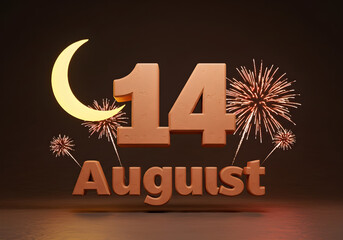 14 August Celebration with Crescent Moon and Fireworks | Pakistan Independence Day Greeting for Patriotic Holiday Designs, Event Invitations and National Pride Marketing
