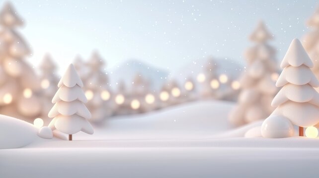 Snow is gently falling on stylized christmas trees in a winter wonderland, creating a festive and magical atmosphere
