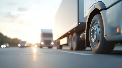 Cargo trucks traveling interstate highway, golden illuminating shipments transportation networks delivering commercial sunlight