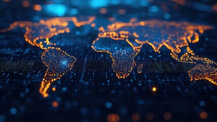 Orange glowing particles forming world map over dark blue background representing global connectivity, data exchange, and international communication