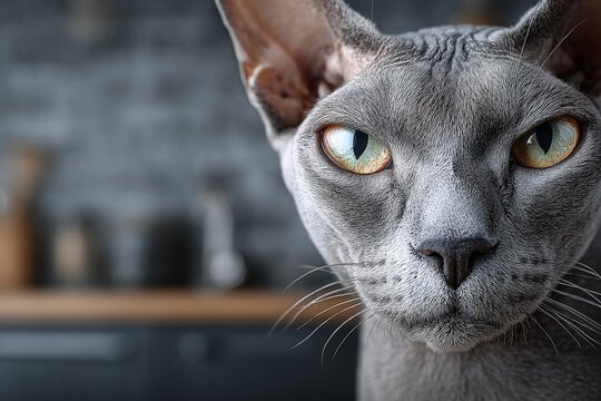 Suspicious Sphynx cat close-up in kitchen background