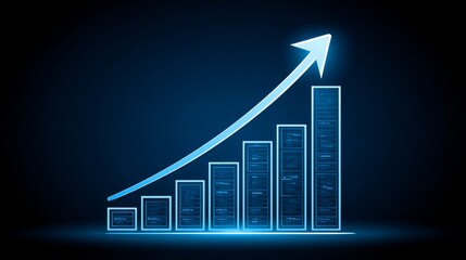 Digital-style bar chart on dark blue background with six glowing blue-white bars increasing in height, topped by a bright upward-pointing arrow emphasizing growth and progress.