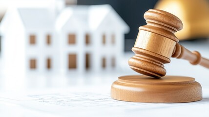 Legal decision making process symbolized in wooden gavel striking sound block, by blueprints and building model blurred architectural background