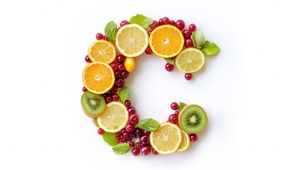 against fruit slices spelling letter c with rosemary, symbolizing vitamin nutrition and wellness Fresh crisp white surface