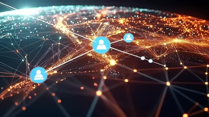 Abstract digital network visualization with glowing connections and user icons representing global communication - Powered by Adobe