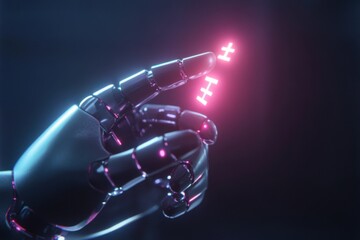 Robot hand pointing to a red plus sign. The robot hand is made of metal and is glowing pink. Robot finger touch glowing medical icons AI health care and treatment.