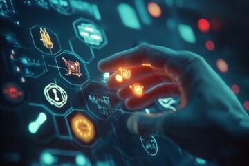 Hand is touching a screen with a lot of different icons. Robot finger touch glowing medical icons AI health care and treatment.