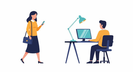 Young Office Workers Vector Illustration with Woman on Smartphone and Man at Computer
