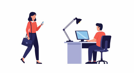 Young Office Workers Vector Illustration with Woman on Smartphone and Man at Computer