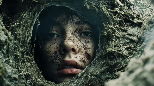 Person breaks through a dirty alien cocoon in an eerie environment at dusk, Person Breaks Through Dirty Alien Cocoon