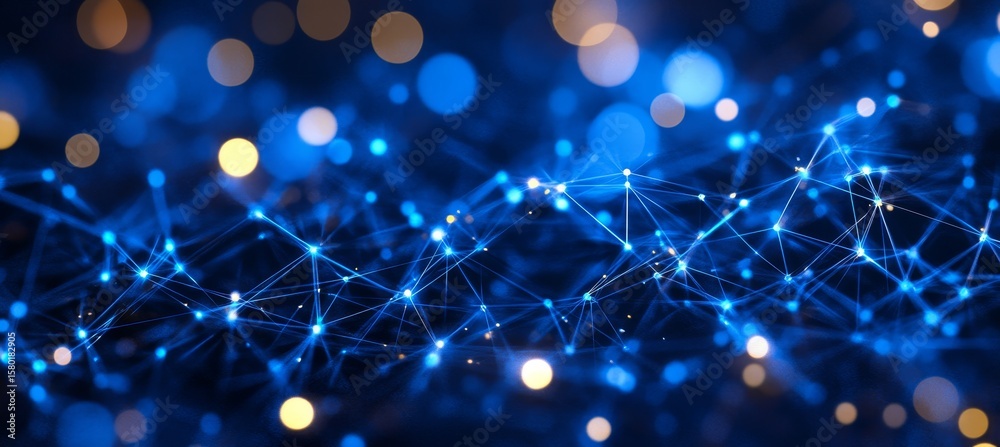 Poster futuristic network structure with interconnected nodes on deep blue background and bright links
