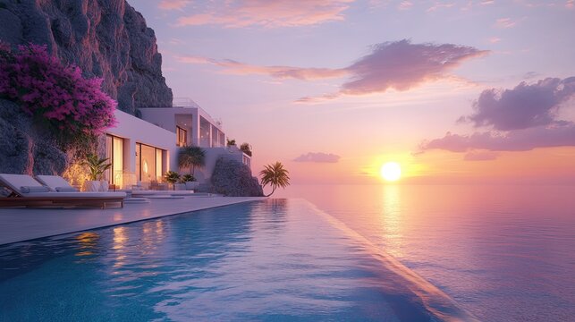 Luxury cliffside villa with infinity pool overlooking scenic ocean and coastline at sunset with dreamy view - Powered by Adobe