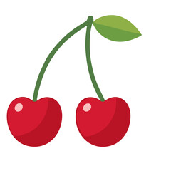 Two stylized red cherries with green leaves on a white background.