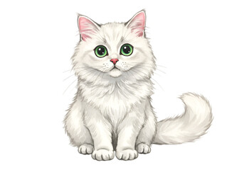 Illustration of a White Cat with Green Eyes Sitting with Transparent Background