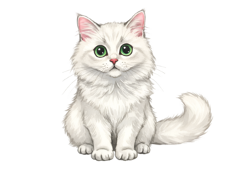 Illustration of a White Cat with Green Eyes Sitting with Transparent Background