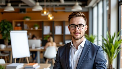 Obraz premium in this image, we see a professional environment with a man standing in front of a desk, likely in an office. the room has modern furnishings and decor, and there are books and a laptop on the desk