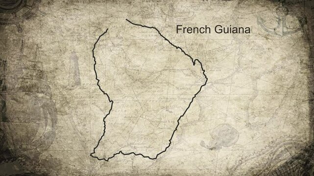 French Guiana map drawn on a cartography background sheet of paper