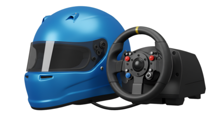 Gaming Illustration of Blue Helmet and Steering Wheel on Transparent BG